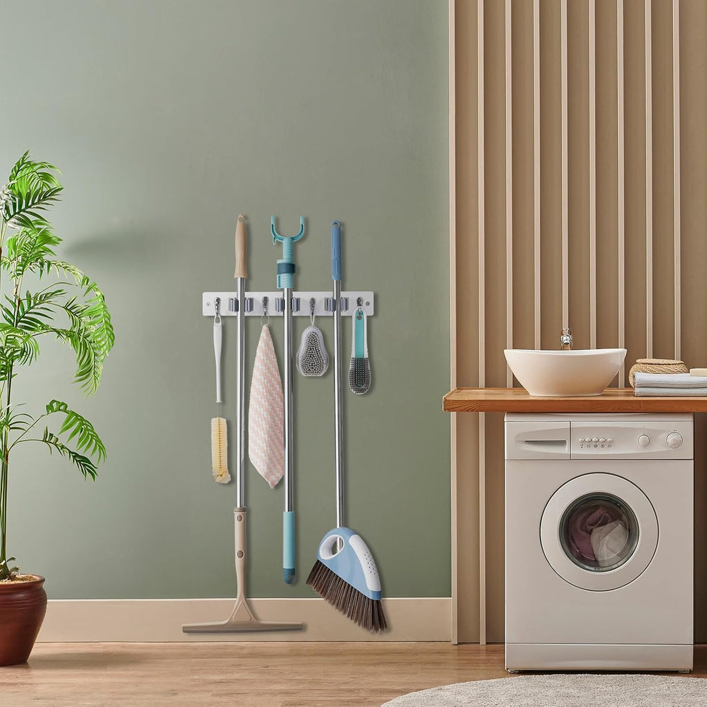 OUTNILI Wall-Mounted Mop Broom Holder - 3 Slots & 4 Hooks for Kitchen & Garden Organization | Durable Wood Design