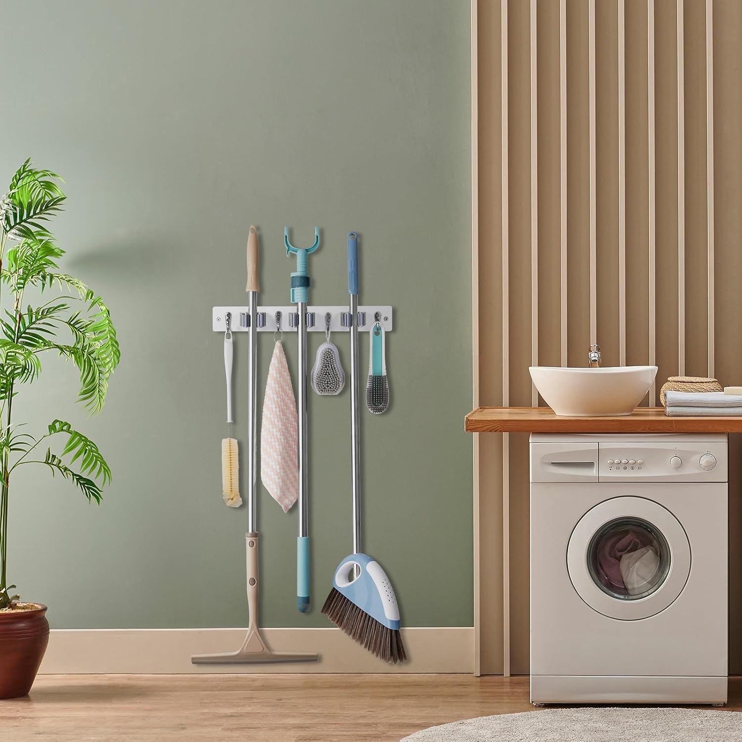 OUTNILI Wall-Mounted Mop Broom Holder - 3 Slots & 4 Hooks for Kitchen & Garden Organization | Durable Wood Design