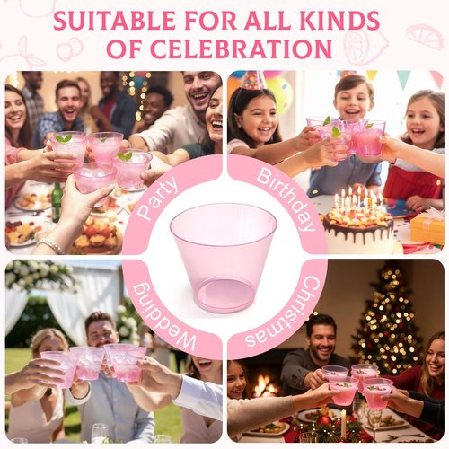 Glowserve 9 oz Clear Plastic Cups Pink Plastic Disposable Mother's Day Cups for Cocktail 50 Pack Fancy Cocktail Cup for Party Stemless Wine Glasses for Party Wedding Graduation Birthday