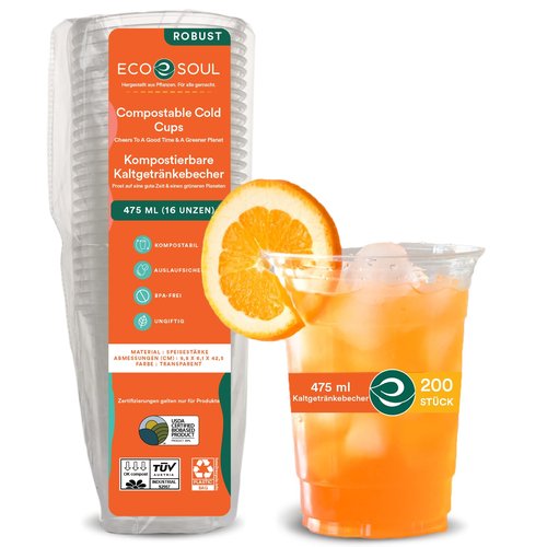 ECO SOUL 200 Pack Compostable Party Cups 16 oz Plant-Based Disposable Clear Cold Cup for Wine, Coffee, Smoothie & Soda Drinks | Cocktail Parties & Birthdays | Non-Toxic & BPA-Free Zero Plastic Glass