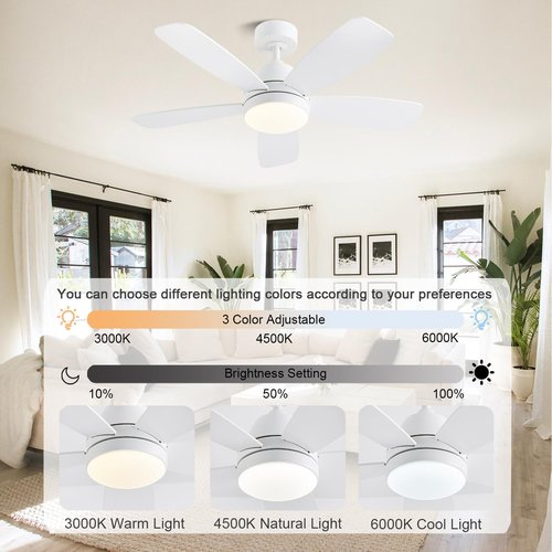 GJeg Ceiling Fans with Lights, 42 Inch Low Profile Ceiling Fan with Lights and Remote Control, LED Dimmable DC Reversible, 8 Speed, Noiseless, Modern White Ceiling Fan for Bedroom, Indoor/Outdoor Use