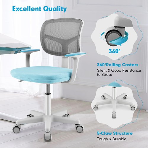 Costzon Kids Desk Chair, Adjustable Children Study Computer Chair with Arms & Wheels, Student Swivel Rolling Task Chair, Ergonomic Kids Office Chair for Boys Girls Age 4-12, Home Bedroom School, Blue