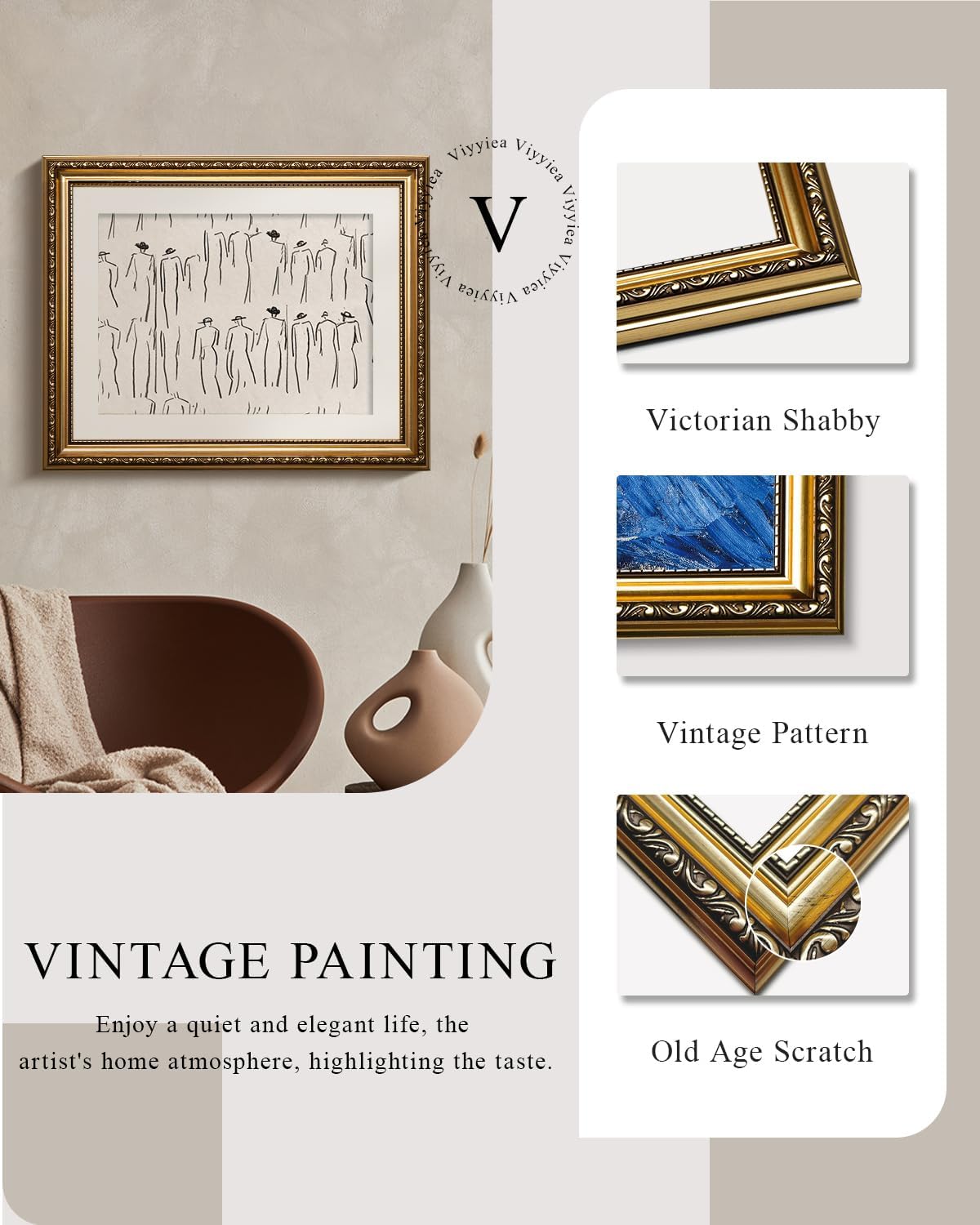 VIYYIEA Gold Framed Canvas Print - Minimalist Abstract Wall Art for Home Decor | 13x16in Vintage Portrait