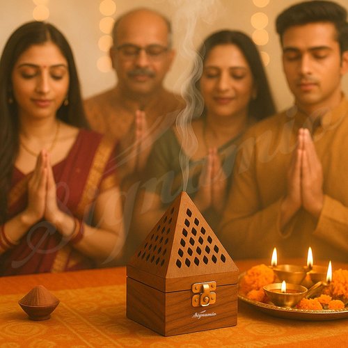 SIGNAMIO® Wooden sambrani Incense Dhoop Holder Stand Ash Catcher with Pyramid Shape for Pooja and Meditation (Pack of 1)