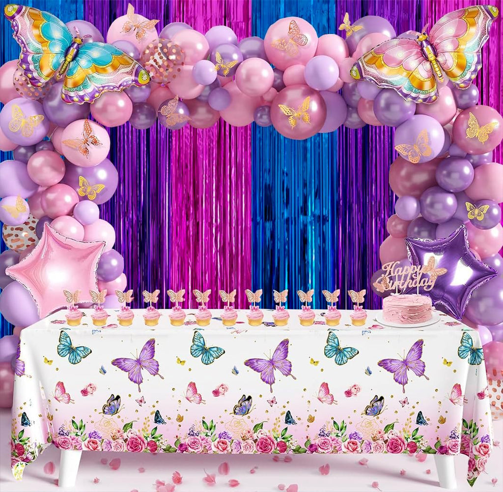 Skiennix Metallic Tinsel Foil Fringe Backdrop - 2 Pack 3.3x6.6ft in Blue & Hot Pink | Perfect for Birthday & Party Decor