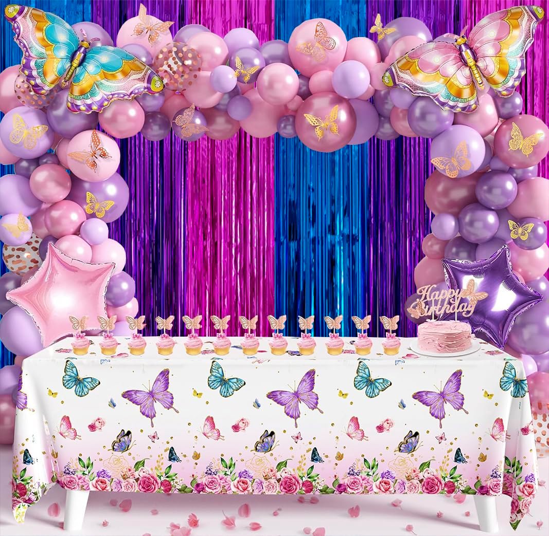 Skiennix Metallic Tinsel Foil Fringe Backdrop - 2 Pack 3.3x6.6ft in Blue & Hot Pink | Perfect for Birthday & Party Decor