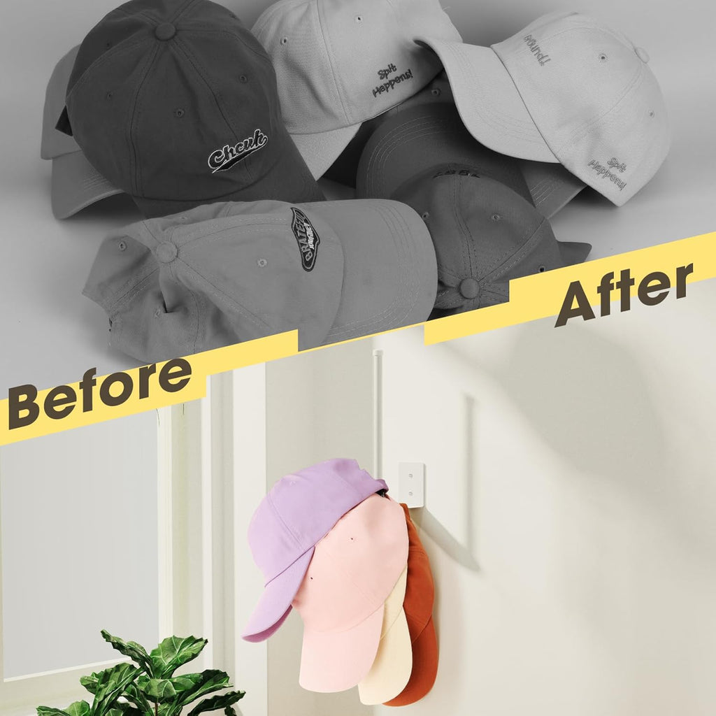 Skiennix Hat Racks - 2 Pack White Stainless Steel Baseball Cap Organizer | Strong Adhesive & Wall Drilled (8.26 in)