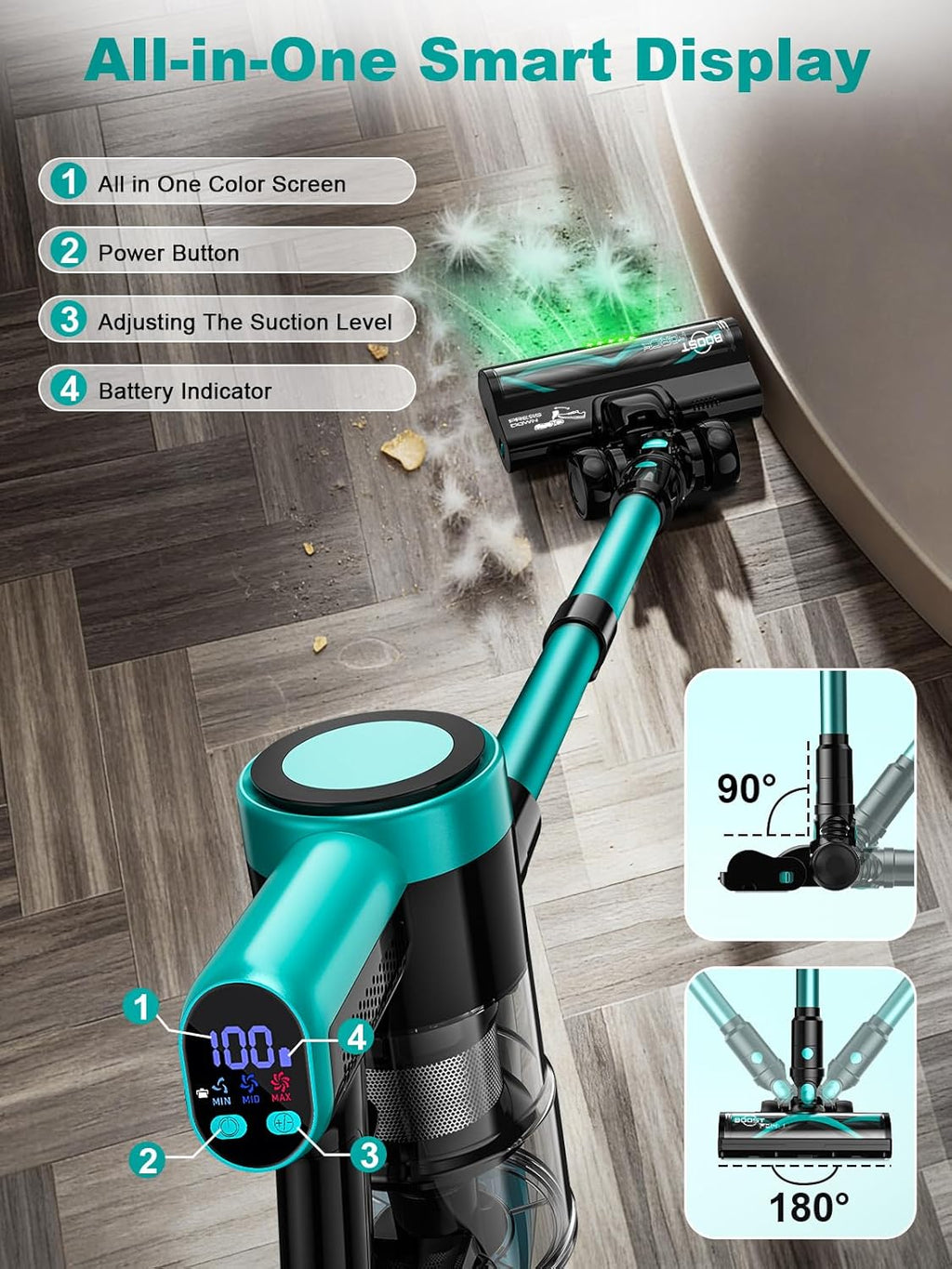 Skiennix Cordless Vacuum Cleaner - 58Kpa 10-in-1 Design with 55 Minutes Runtime & LED Display | Anti-Tangle, Wall Mount Charging (Cyan)