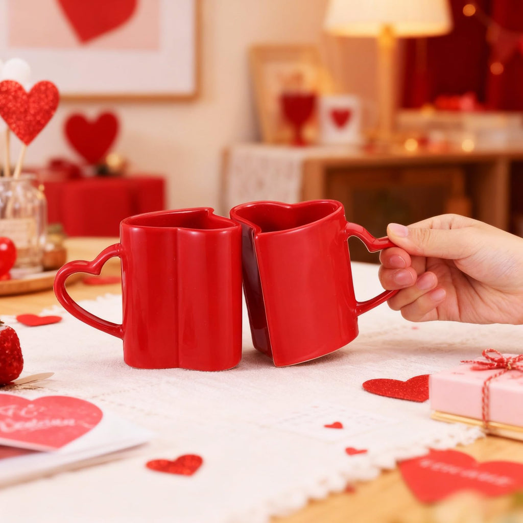 Domensi 2 Pcs Valentines Heart Shaped Mugs Red Heart Coffee Cup 11.8 oz Valentine‘S Day Ceramic Mug with Handle Love Tea Cup Gift for Romantic Valentines Wedding Anniversary Couple Lover Decoration