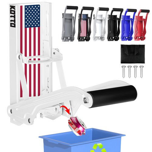 2025 New Auto-Eject Can Crusher with Trash Bag Organizer - Built-in Bottle Opener, Works for 8/12/16oz Cans, Wall-Mounted Recycling Tool (white-US flag)