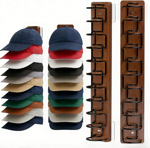 Hat Organizer by [Brand Name] - 2 Pack Baseball Cap Rack with Strong Adhesive | Wall-Mounted Storage for 22 Caps (Brown)