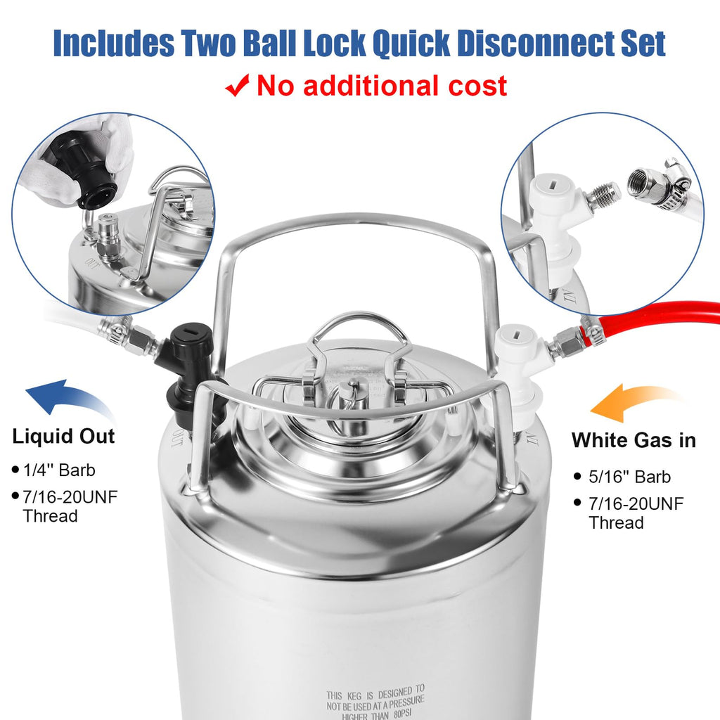 MRbrew New 2.6 Gallon Ball Lock Keg, Stainless Steel Beer Keg with Two Ball Lock Keg Fittings & Gasket Set, Double Ball Lock Post Corny Keg For Draft, Homebrew, Craft Beer, Cold Brew Keg for Party