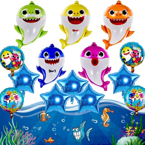 GRAME Shark Birthday Party Decorations for Boys and Girls, 26” Balloons XL for Baby Birthday Party with 9 Pcs 18” Round and Blue Star Ocean Theme Cartoon Balloons, Shark Party Decorations (14 pcs)