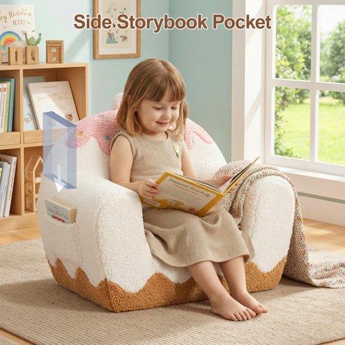 OUOZZZ Toddler Chair for Ages 1–6, Soft Sherpa Kids Sofa with Book Pocket & Carry Handle, Cozy Single-Seat Couch for Playroom or Bedroom, Birthday Gift for Girls (Ice Cream)