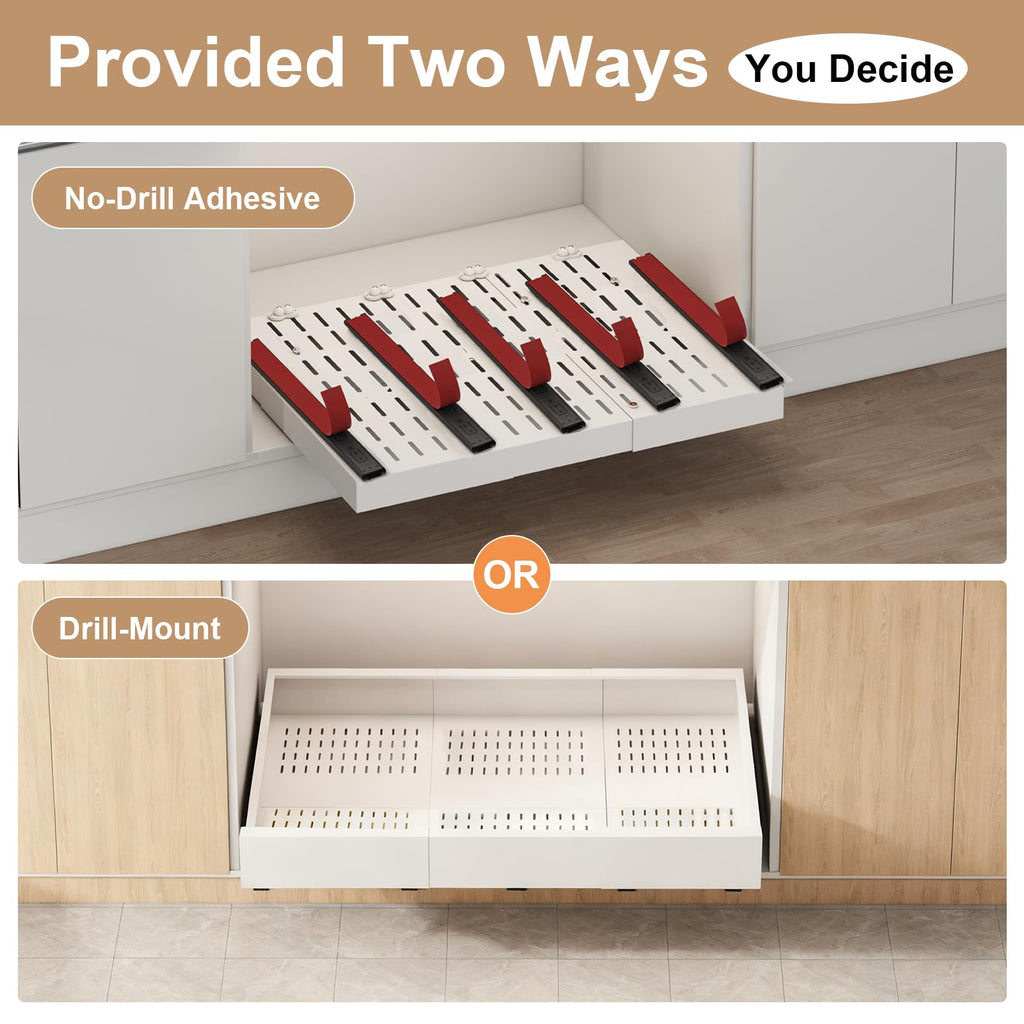 Pull out Cabinet Organizer,Width (23"-31") and Depth (17"-24") Expandable With 5 Rails,No Drill Adjustable Slide out Drawers for Kitchen,Pantry,Adhesive Roll out Shelves,for Cabinets Without Lip,White