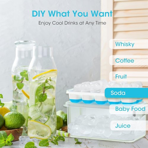 DOQAUS Ice Cube Tray - 4 Pack Silicone Trays with Lid & Bin for Easy Freezer Storage | Perfect for Cocktails & Coffee