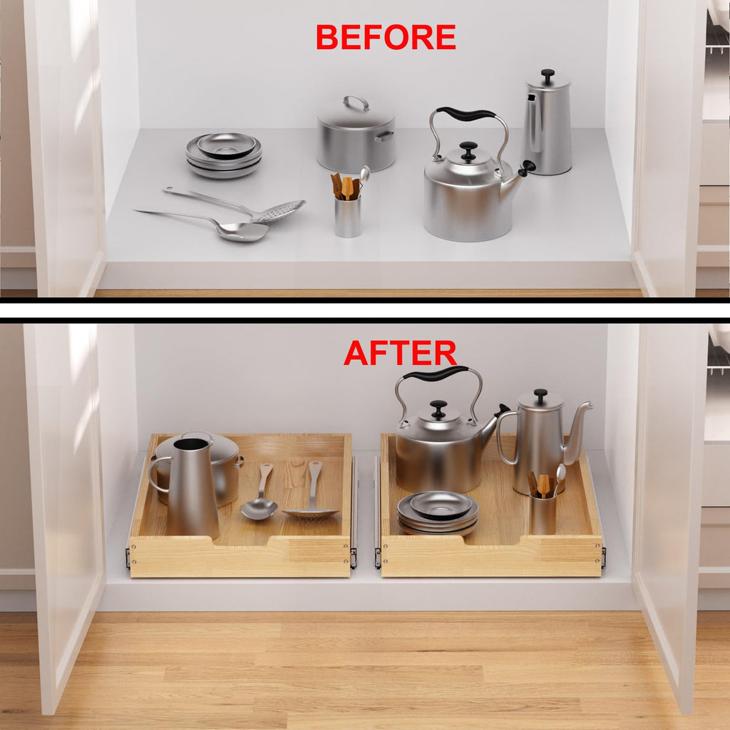 Sikarou Wood Pull Out Cabinet Organizer 26" W x 21" D, Heavy-Duty Sliding Drawers for Inside Cabinets Storage and Organization for Kitchen, Pantry, Bathroom