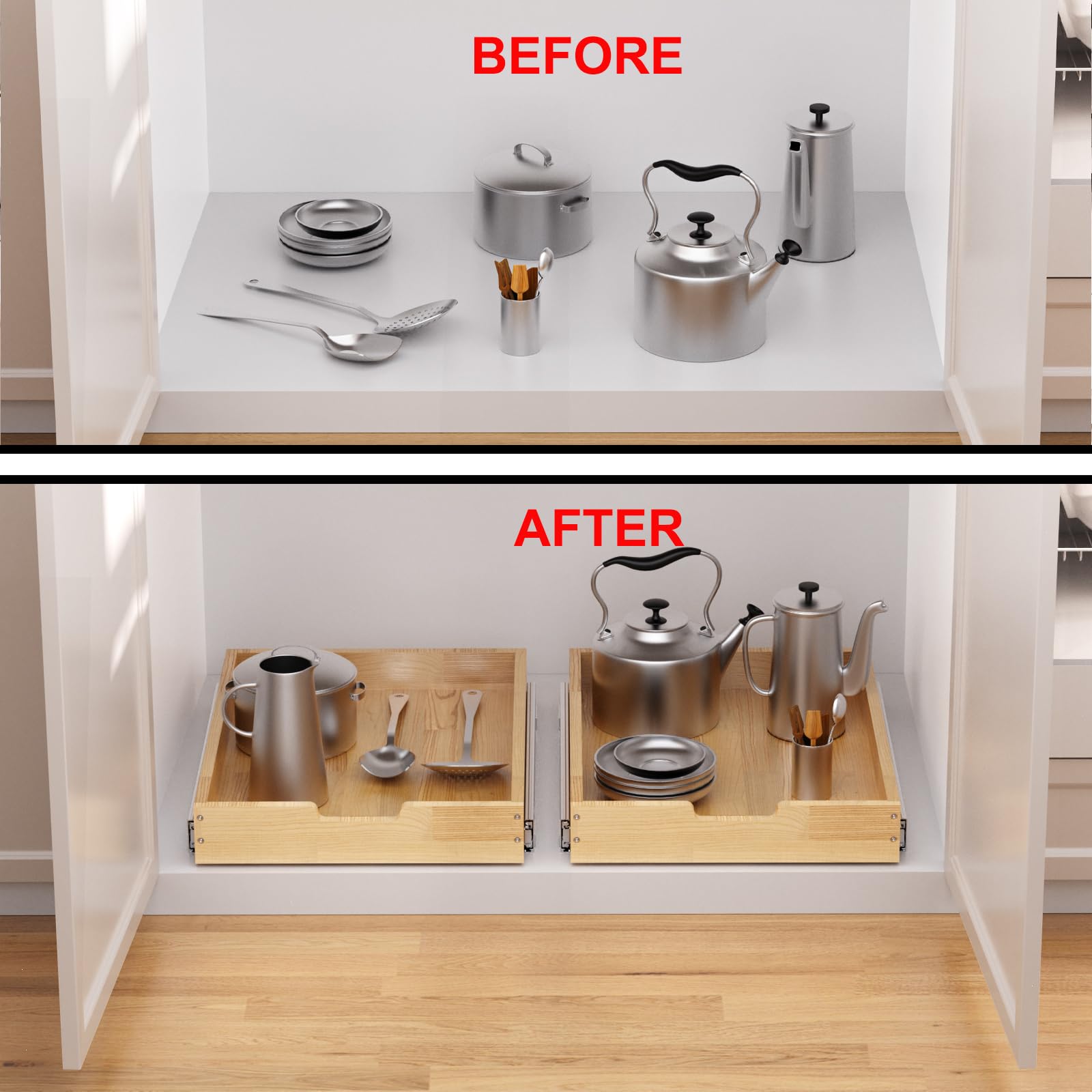 Sikarou Wood Pull Out Cabinet Organizer 26" W x 21" D, Heavy-Duty Sliding Drawers for Inside Cabinets Storage and Organization for Kitchen, Pantry, Bathroom