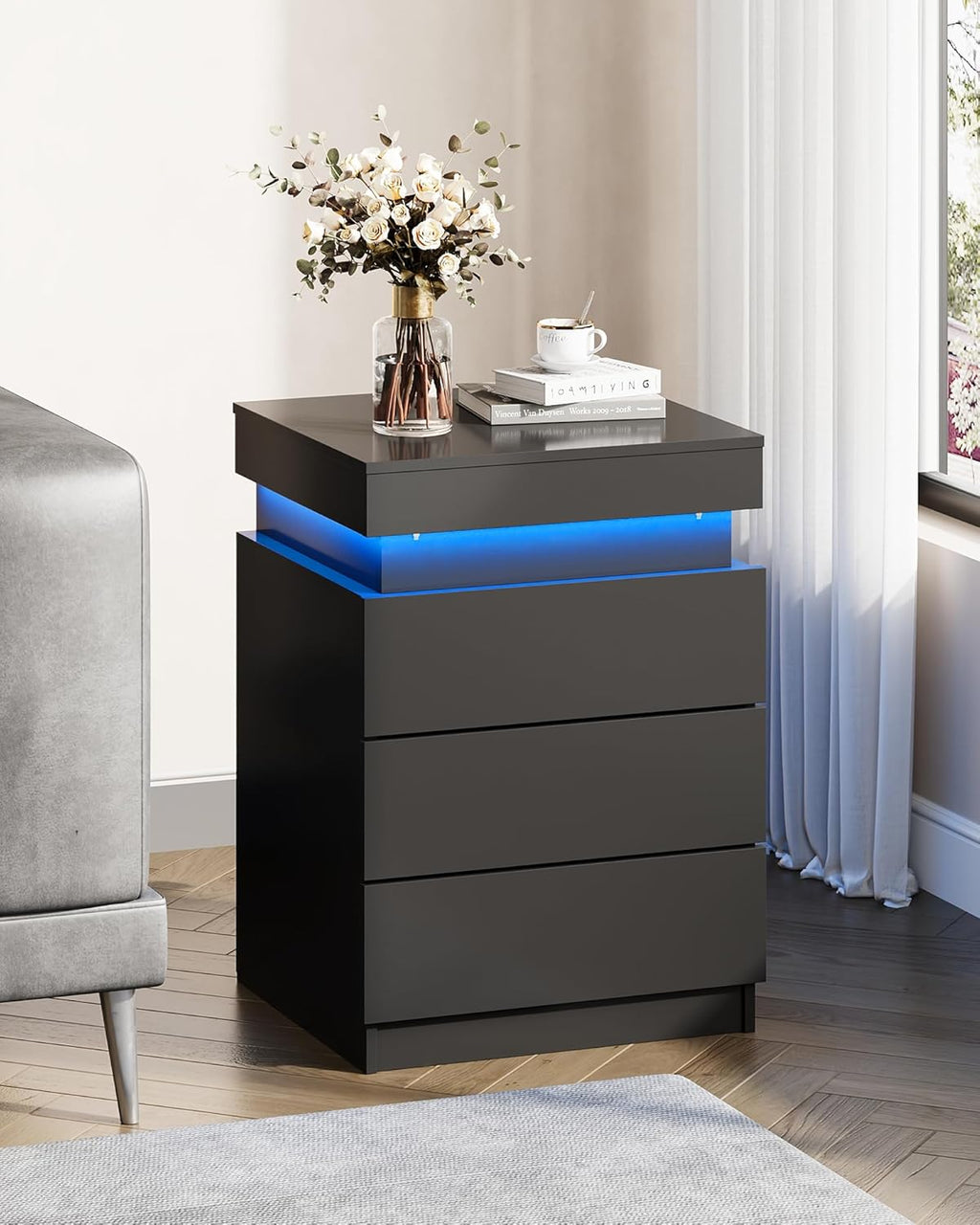 WLIVE Black Nightstand - Modern Bedside Table with Charging Station & LED Lights | 3 Drawers, Sliding Top