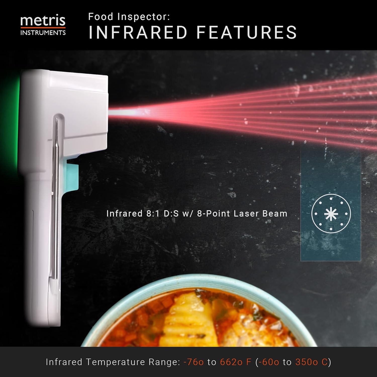 Metris Infrared Surface Thermometer - NSF Certified for FDA Compliance | 8-Point Laser, 2°F Accuracy