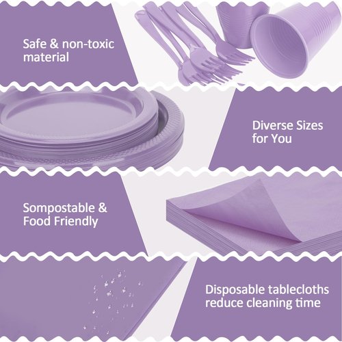 CLIYTICA Lavender Plastic Plates for Party,100 Guest - 7&9inch Plate,Napkins,Forks,12 oz Cups & Tablecloths,Disposable Party Supplies for Baby Shower,Wedding, Birthday,Afternoon Tea Partys