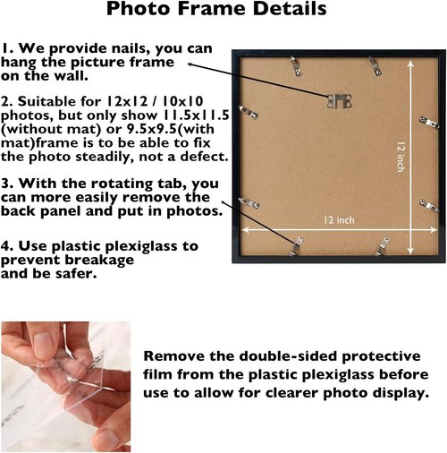 JCJMY 12x12 Picture Frame - Versatile Display for 10x10 or 12x12 Art | Black Wall Hanging with Plexiglass
