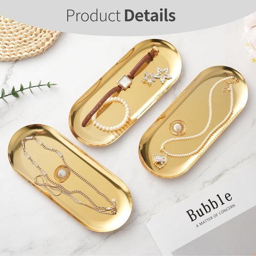 3 Pack Gold Trays for Decor, Stainless Steel Decorative Tray, Small Vanity Tray for Bathroom, Elegant Jewelry Tray for Holding Perfume, Keys, Wallet, Business Cards, Candle, Oval