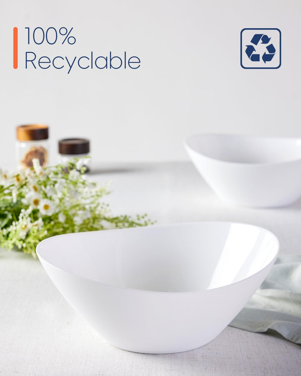 LaGlint 66 OZ Salad Bowl Set of 2, Opal Glass 10 inch Ultra-thin&Lightweight Serving Dishes for Salad, Fruit, Kitchen Microwave & Dishwasher Safe, Oval Shape White