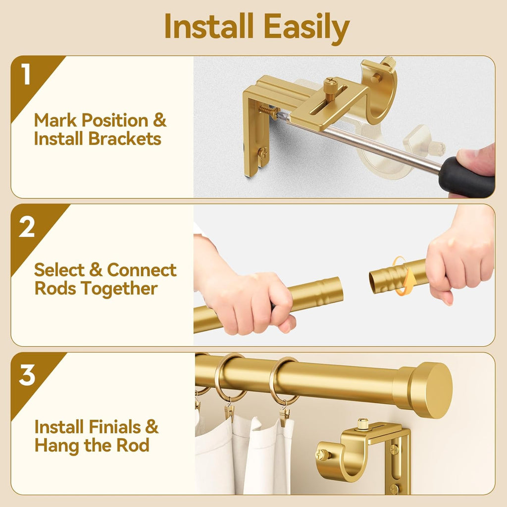 YaFex Curtain Rods - Heavy Duty 1 Inch Adjustable Window Treatment Rods | 32-144 Inch, Gold Finish