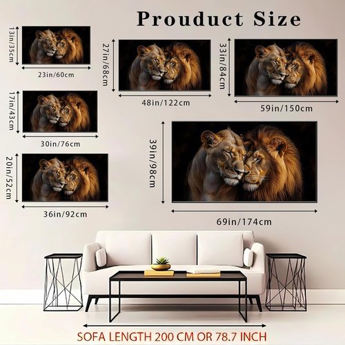 Lions Canvas Wall Art - Romantic Loving Lions Couple | African Wildlife Gold Framed (48"x27")
