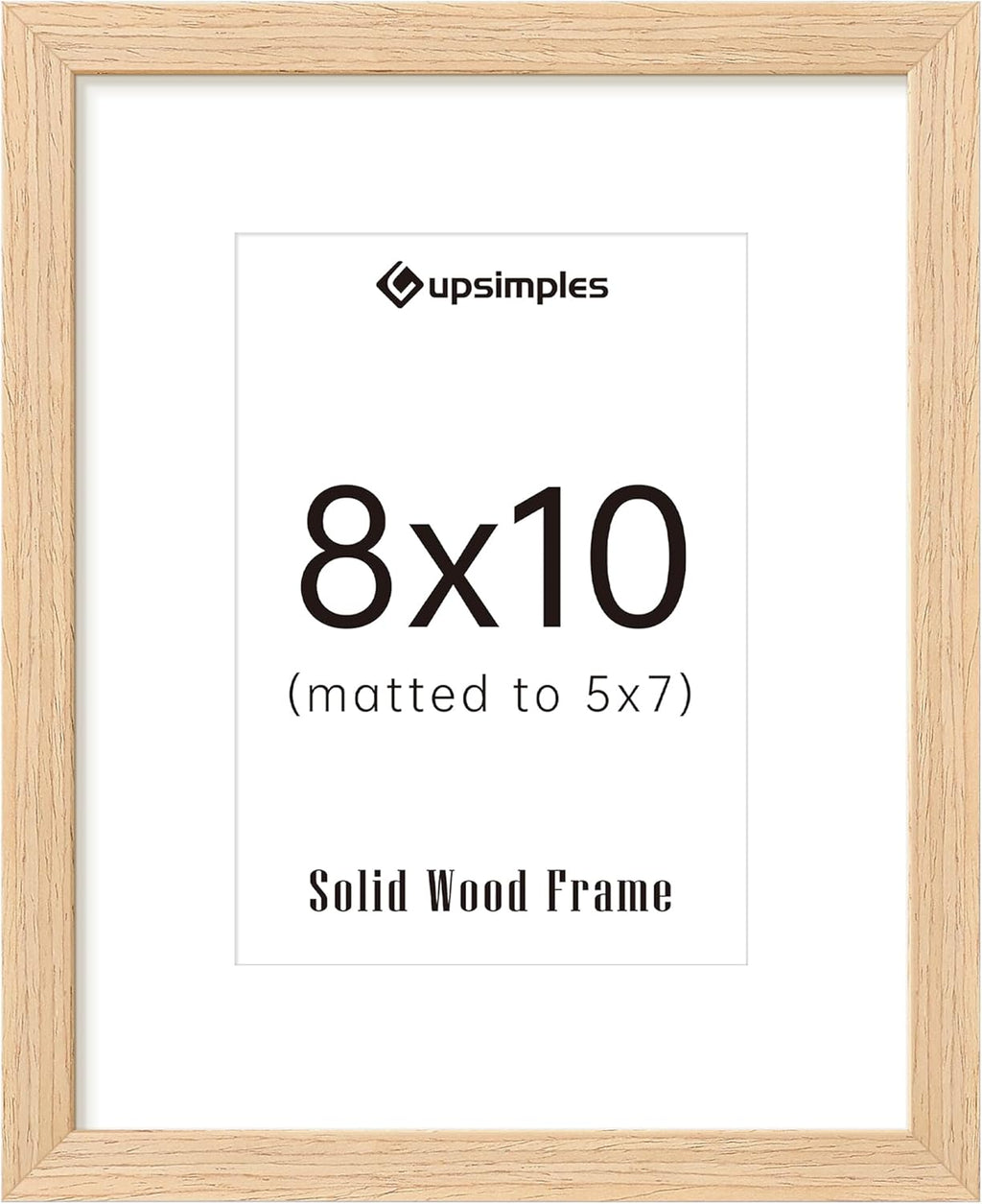 Upsimples 8x10 Picture Frame - Natural Solid Wood Display for 5x7 with Mat or 8x10 Without Mat