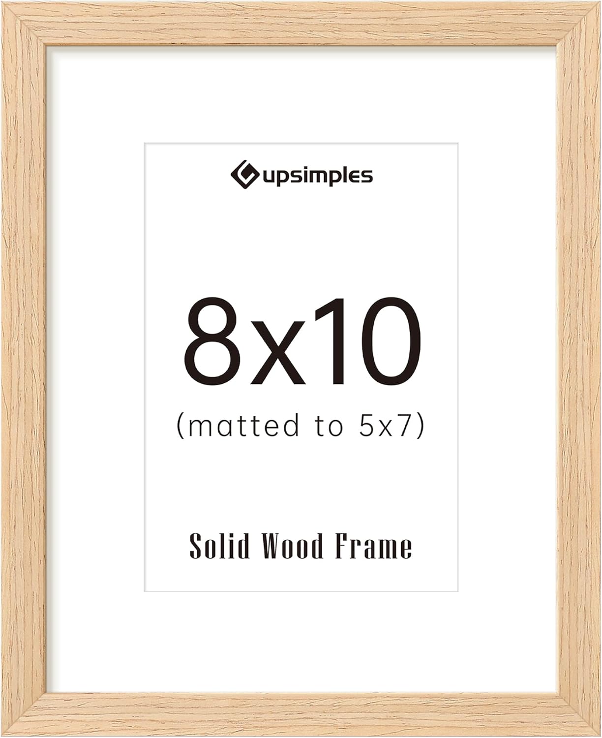 Upsimples 8x10 Picture Frame - Natural Solid Wood Display for 5x7 with Mat or 8x10 Without Mat