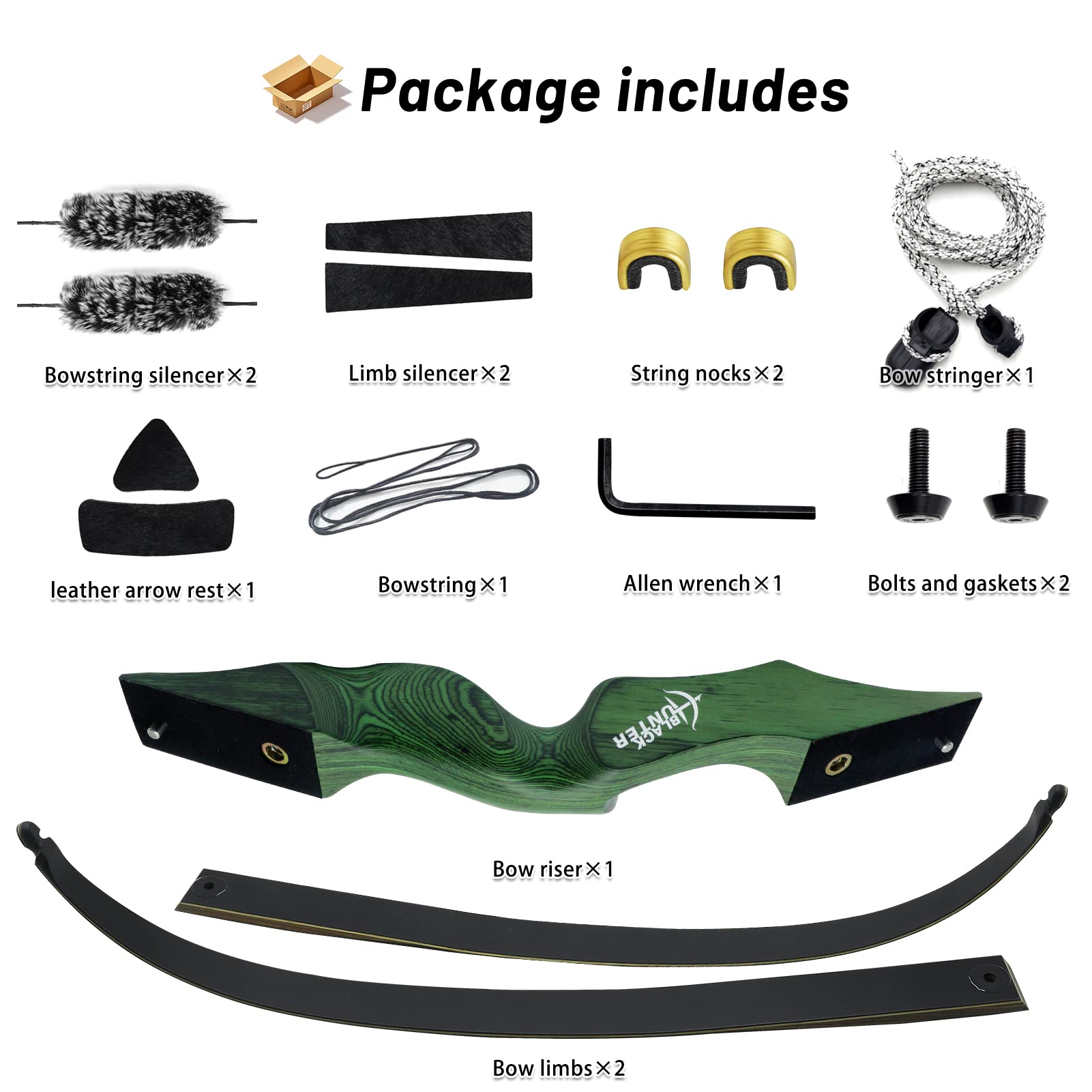 60 Inch Black Hunter Recurve Bow 20-60lbs Right Hand Archery Bow Wooden Riser Practice Bow with Bow Stringer for Adults Beginner Hunting Shooting (25LBS)