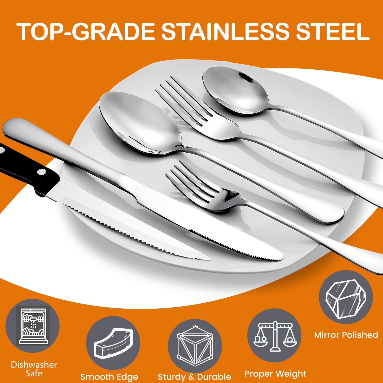49 Piece Silverware Set with Organizer - Utensil Sets Stainless Steel Cutlery Set for 8, Mirror Finished Flatware Spoons and Forks with Steak Knives, Dishwasher Safe, Rust-proof