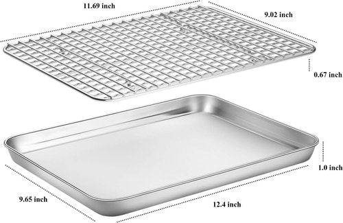 Deedro Baking Sheet Set - Stainless Steel Cookie Half Sheets with Cooling Racks | 12 x 10 Inch, Heavy Duty, Dishwasher Safe