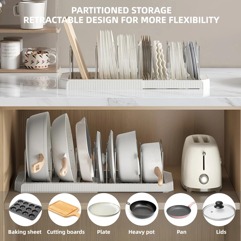 Silanit Expandable Pot and Pan Organizer Rack for Kitchen Cabinet or Under Sink, Adjustable Lid Holder with 7 Dividers, Space-Saving Storage for Renters, Small Homes, and Busy Cooks, White