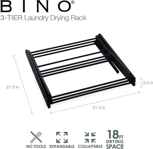 BINO 3-Tier Collapsible Drying Rack - Black | Foldable & Portable for Indoor/Outdoor Use | Space-Saving Clothes Dryer