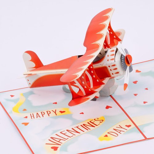 POPWOW Love Biplane Pop Up Card, Happy Valentine's Day, Cloud, Heart, 3D Popup Greeting Cards, Ideal Gifts for Wife, Husband, Lovers, Kids, Girlfriend, 5x7 - Includes Envelope And Message Note