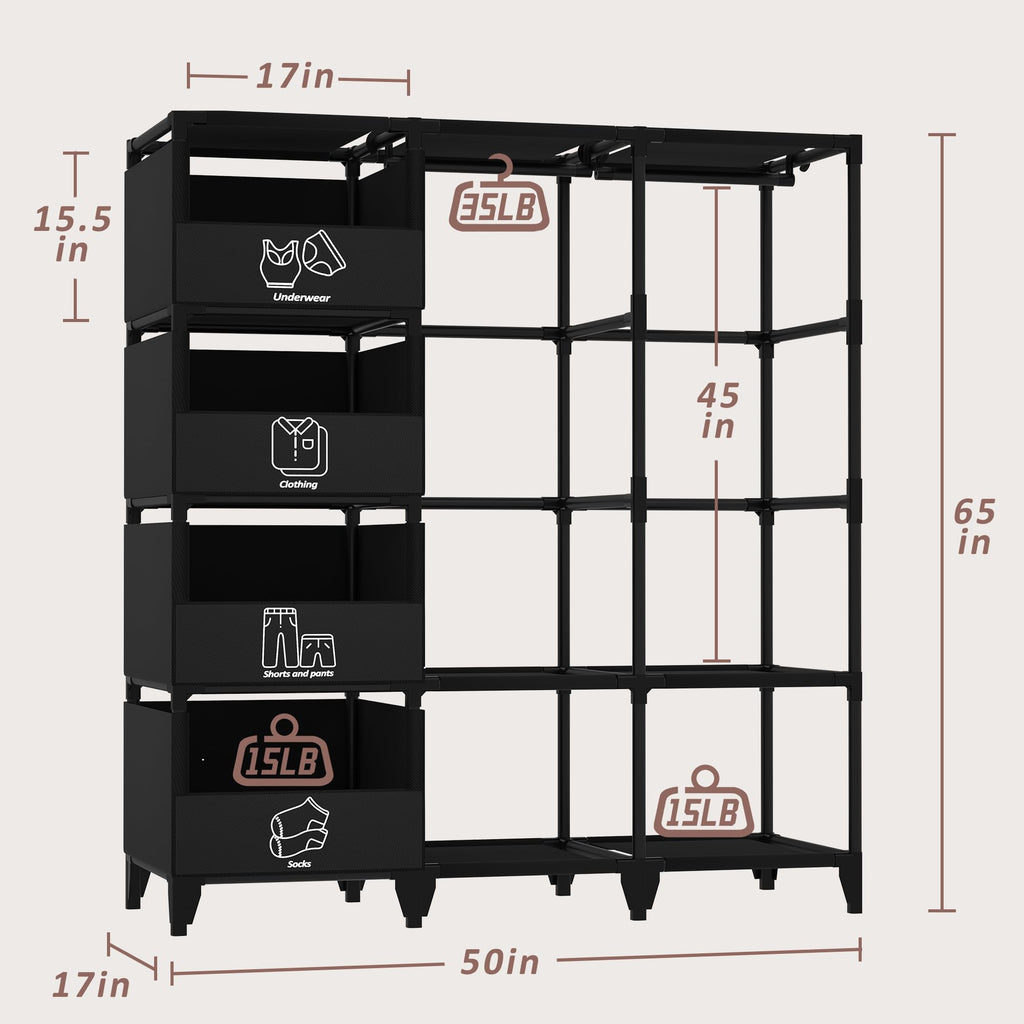 Jofuler Portable Closet, Easy Assembly, Large Capacity Wardrobe Closet, Sturdy and Stable Clothes Rack with Shelves 4 Storage Baskets and 2 Hanging Rods, for Bedroom and Cloakroom Black