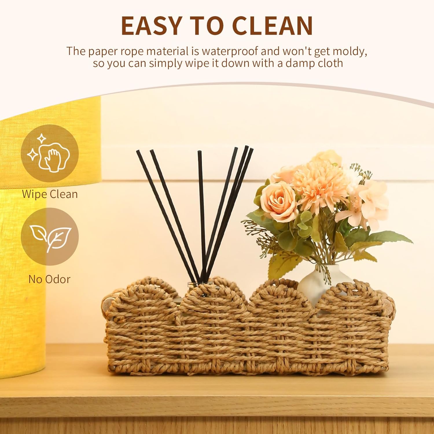 Regine Switzerland Paper Rope Storage Baskets - Set of 2 with Wooden Handles for Stylish Bathroom Decor (Beige)