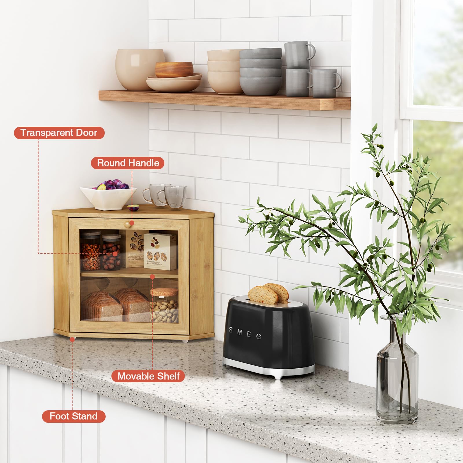 Goozii Bamboo Corner Bread Box for Kitchen Counter, 2 Tier Bread Keeper Wooden Round, Farmhouse Bread Storage Bin for Kitchen Countertop, Counter Organizer for Bread, Cup, Fruit, Spice, Snack