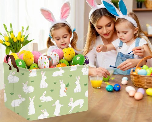 BOOHIT Large Easter Baskets Empty Boy Toy Storage Bin Girls collapsible kid Hamper Baby Waterproof Storage Box Spring Gifts Decor(White Rabbit Holding Carrot)
