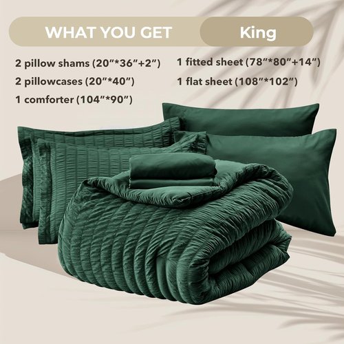 HYMOKEGE King Size Comforter Set - Emerald Green Seersucker 7-Piece Luxury Bedding Set