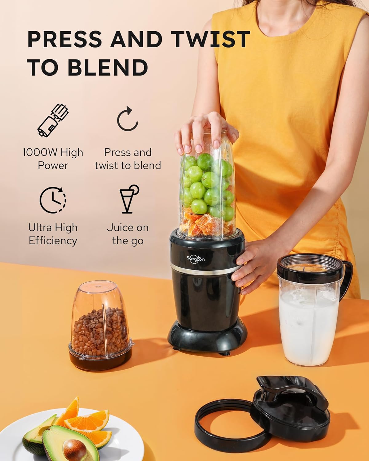 Sangcon 1000W Smoothie Blender - Portable Kitchen Blender with 3 Cups & Multiple Caps for Shakes & Ice Crushing