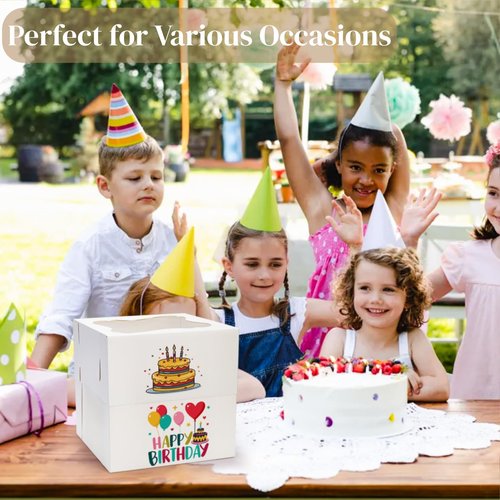 Pumtus 15 PCS Tall Cake Boxes, Square Cake Box with Window in 3 Sizes 12x12x12 10x10x10 8x8x8 Inches, Cardboard Tier Cake Bakery Container, Disposable Dessert Pie Takeout Carrier for Wedding Birthday