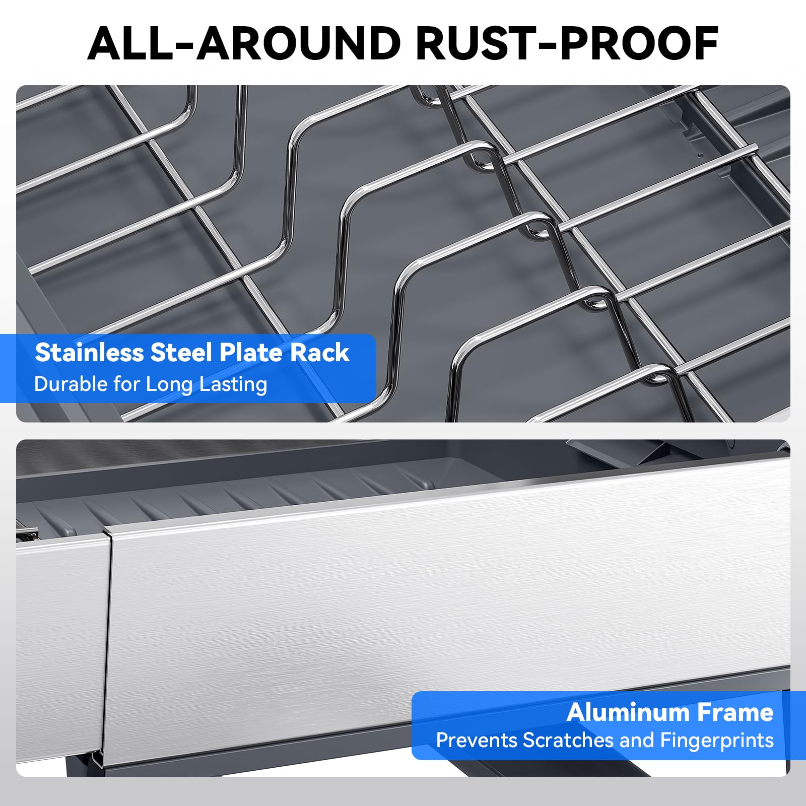 Urackify Expandable Dish Drying Rack, Stainless Steel Dish Rack with Aluminum Frame, Dish Drainer for Kitchen Counter, Space Saving Kitchen Drying Rack with Movable Utensil Holder, Gray