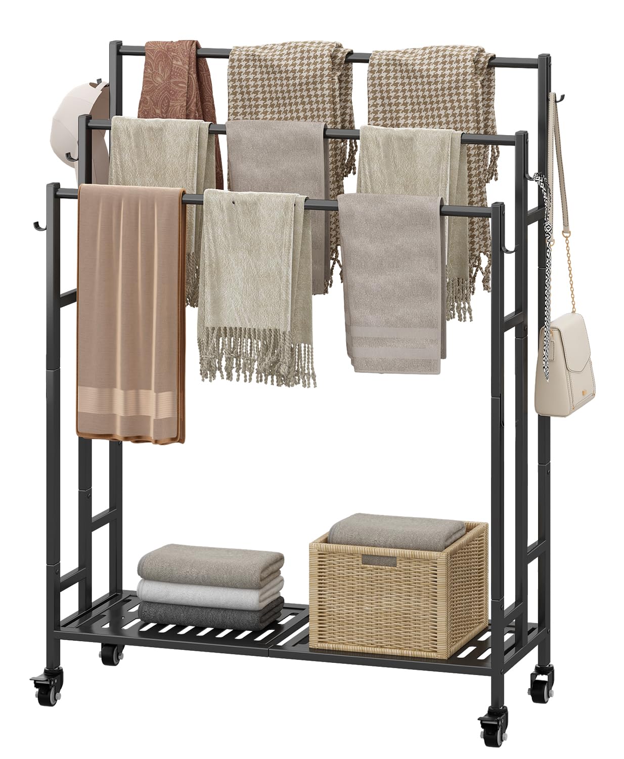 SORCEDAS Towel Rack 3 Tier Free Standing Metal Towel Stand with Storage Shelf and Wheel for Extra Large Towel Blanket Drying (Black)