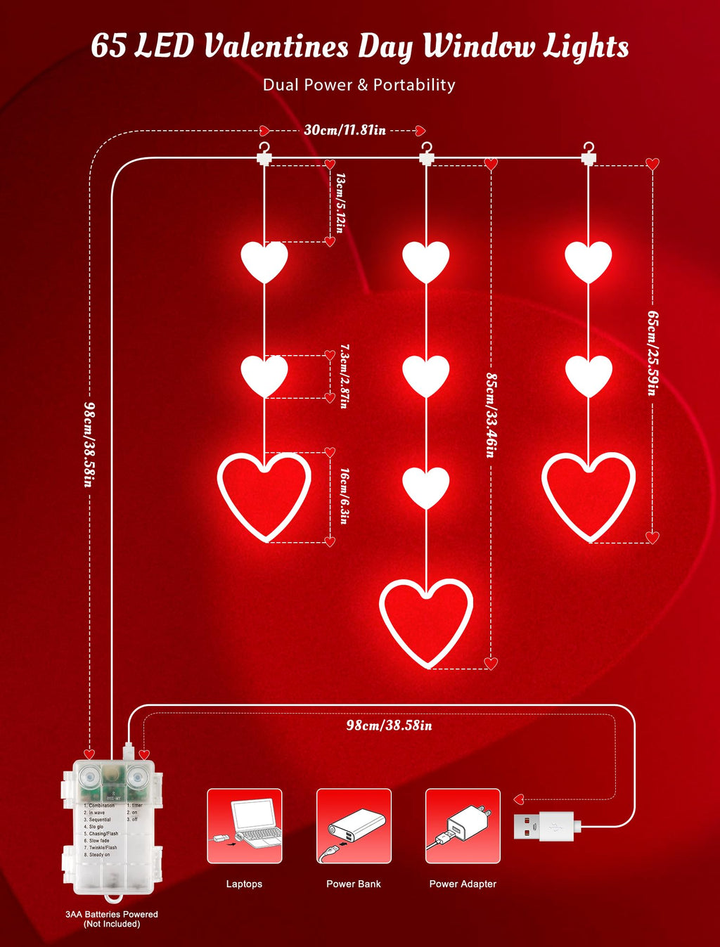 MYGOTO Valentines Day Window Lights, 65 LED 10 Red Heart Lights USB/Battery Operated, Timer Memory with 8 Modes Hanging Valentines Decorations Light for Valentine's Day Anniversary Wedding Decor