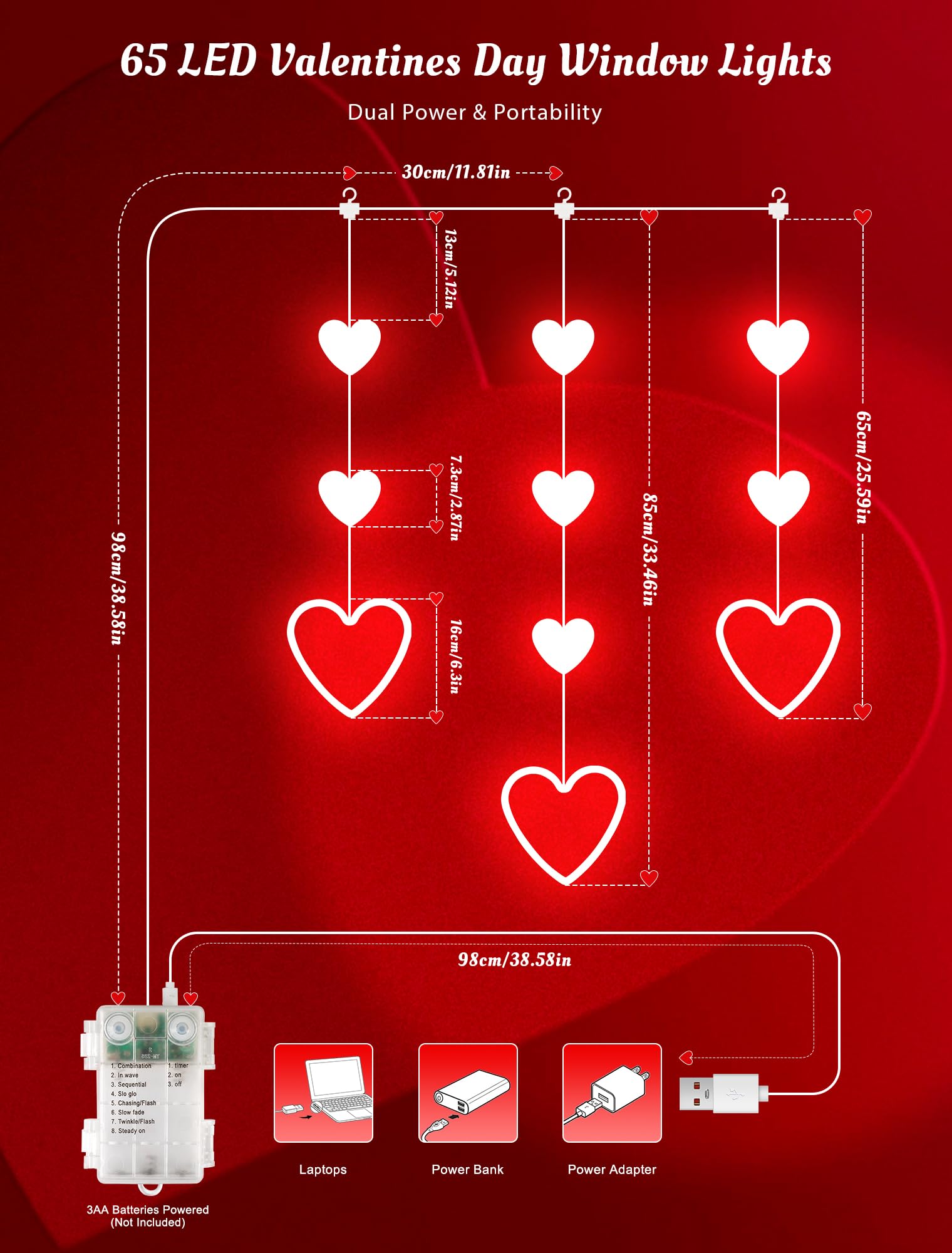 MYGOTO Valentines Day Window Lights, 65 LED 10 Red Heart Lights USB/Battery Operated, Timer Memory with 8 Modes Hanging Valentines Decorations Light for Valentine's Day Anniversary Wedding Decor