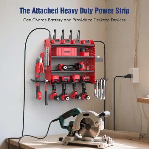 Heavy Duty Power Tool Organizer by [Brand Name] - Wall Mount with Charging Station & Adjustable Shelves | Holds 4 Drills, 2 Hooks